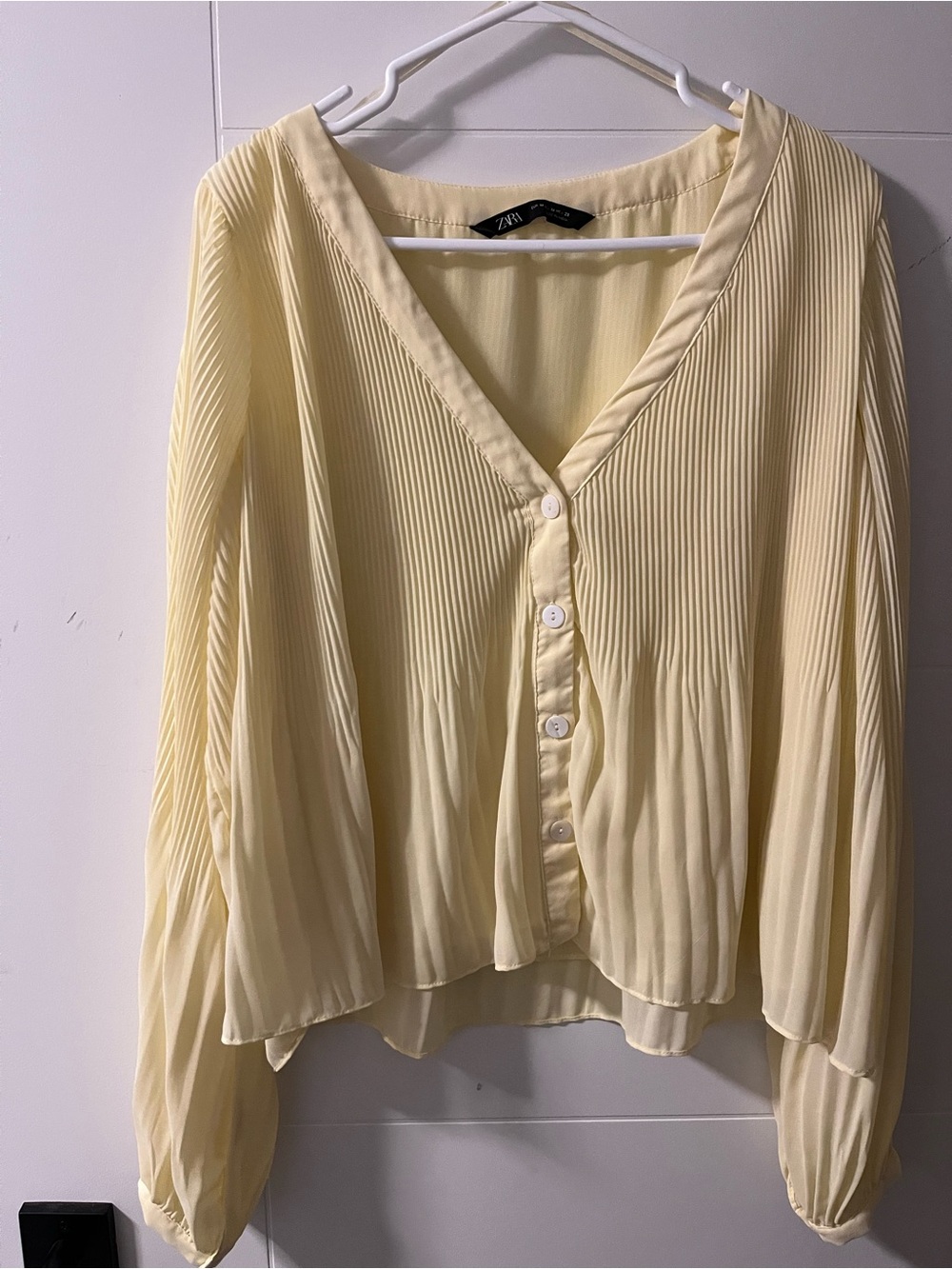 Zara Pale Yellow Pleated Button-Front Blouse